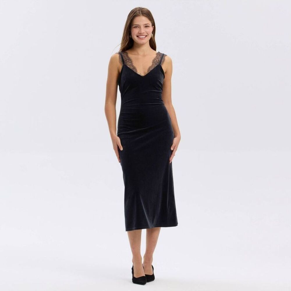 Women's Sleeveless Velvet Midi Slip Dress - A New Day Black M